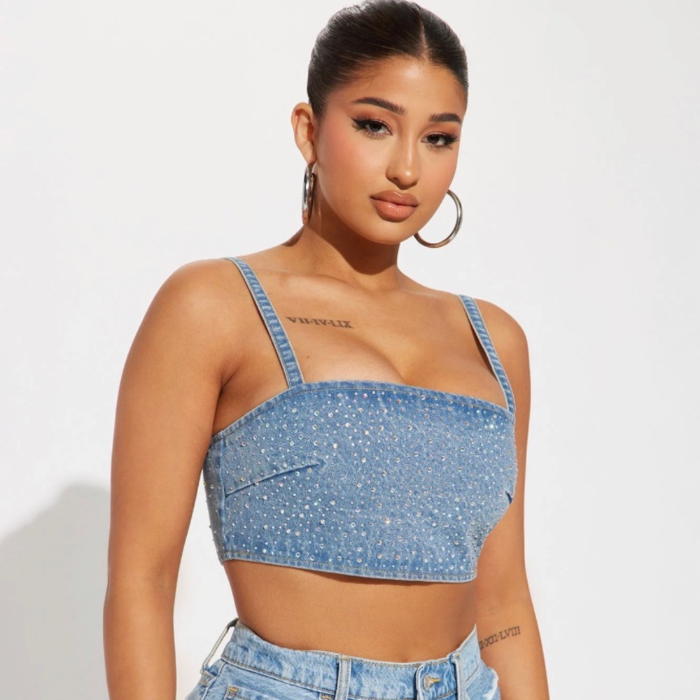 Fashion nova Denim Bling Crop Top NWT